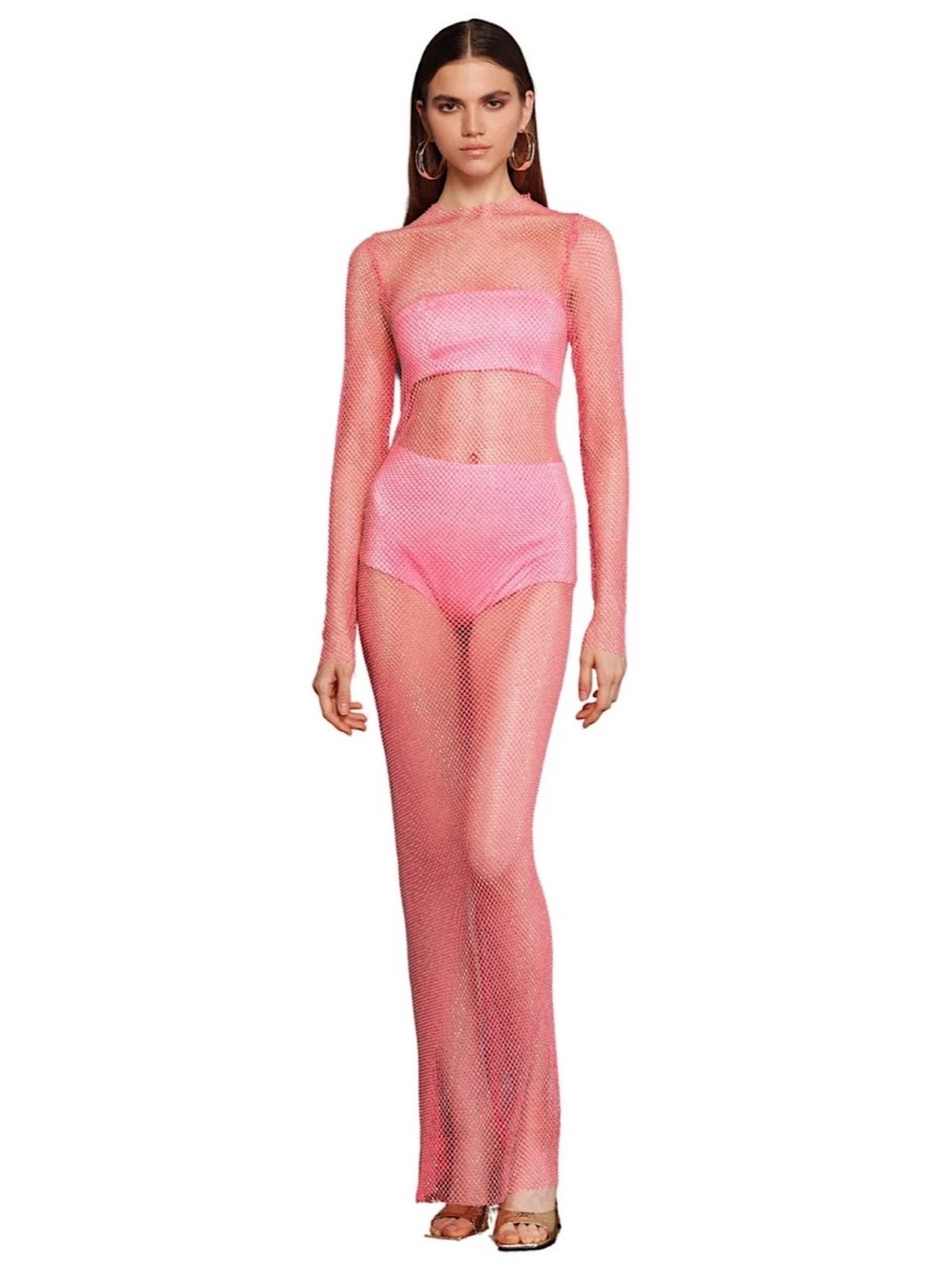 Bronx & Branco Sheer hot Pink Mesh and rhinestone dress